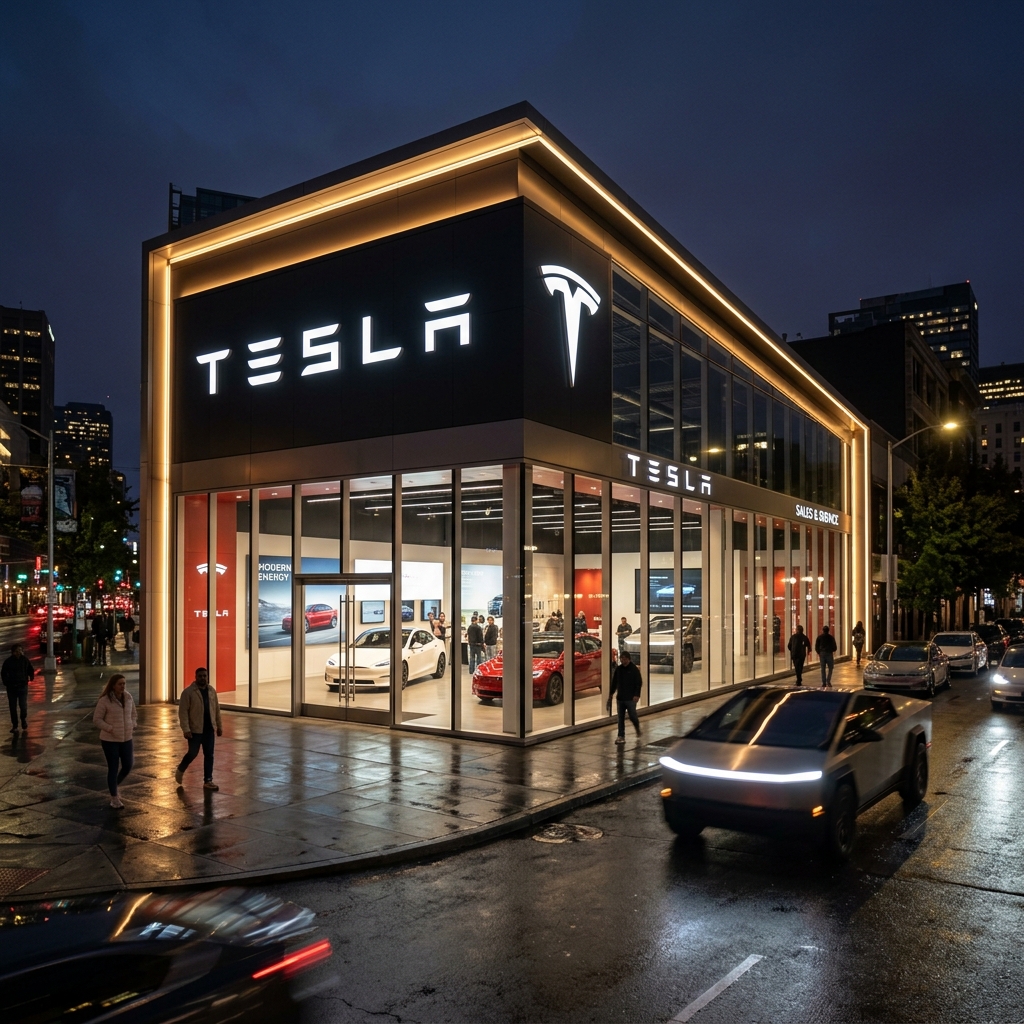 Tesla retail showroom exterior at night