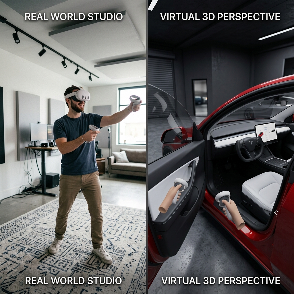 User interacting with Tesla car inside VR studio